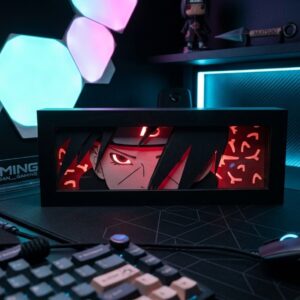 A 3 by 3 grid showcase of a horizontal rectangular black anime LED light box depicting Itachi Uchiha in nine different RGB light colors on a gaming desk.